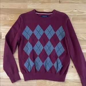 Tommy Hilfiger Burgundy/Gray/Navy Argyle Crewneck Sweater, Embroidered Logo Sz S